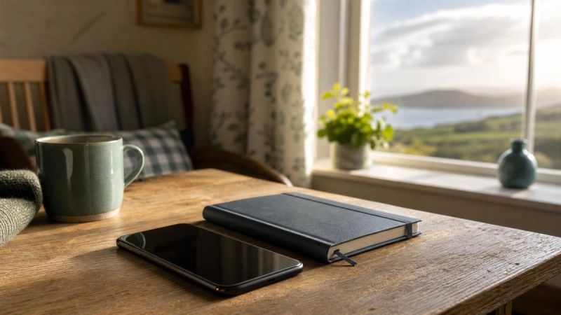 A phone and notebook on a table, suggesting reaching out for help