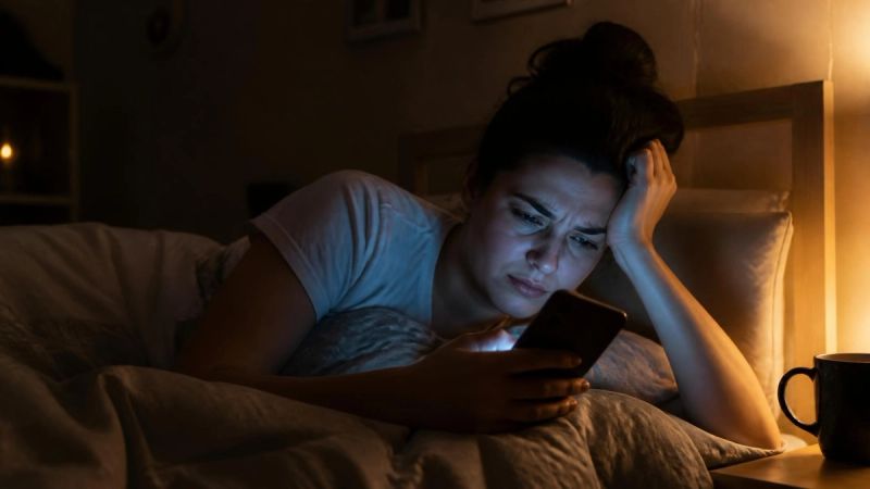 A person looking frustrated at a phone in bed late at night.