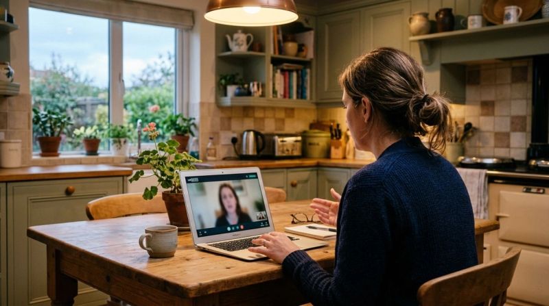 Person using laptop for online therapy in Irish home