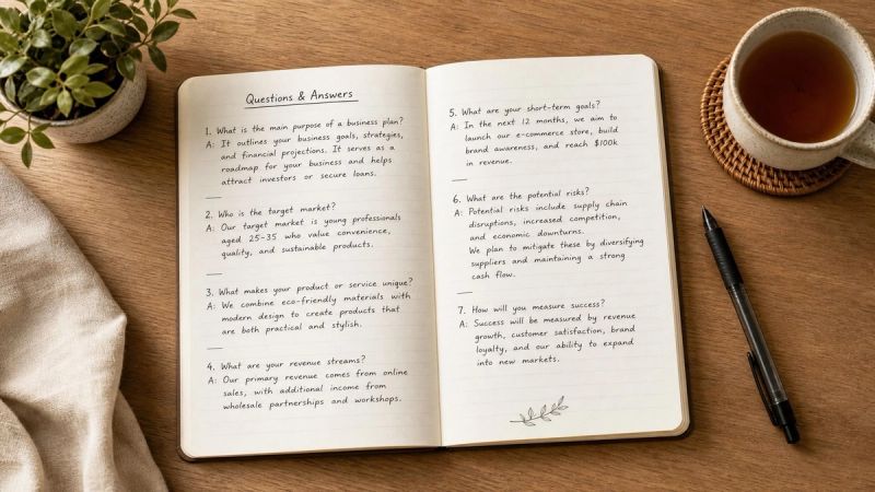An open notebook with handwritten questions and answers, representing frequently asked questions about adult ADHD diagnosis in Ireland.