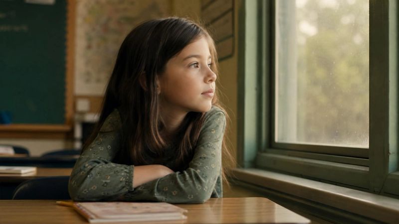 A young girl sitting quietly at a school desk, illustrating how ADHD in girls and women is often missed