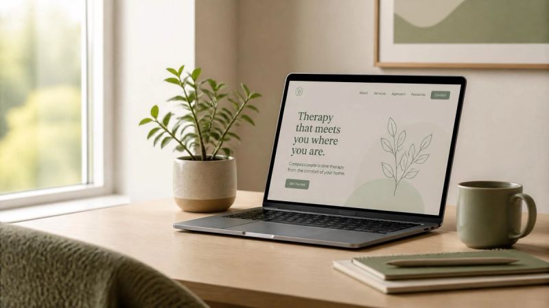 A calm home office with a laptop and plant, representing online therapy for menopause depression