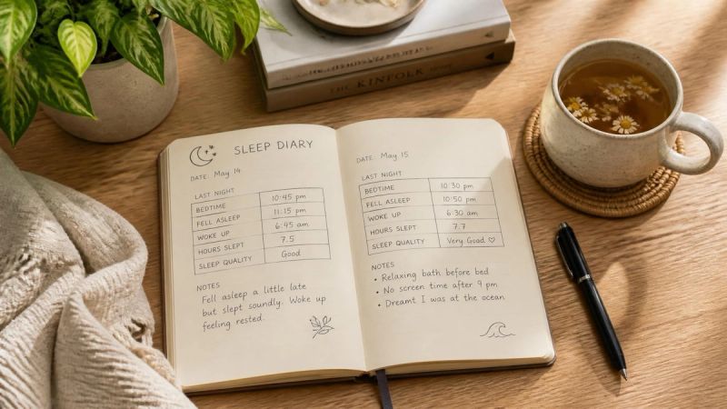 A notebook with sleep diary entries, a pen, and a small plant