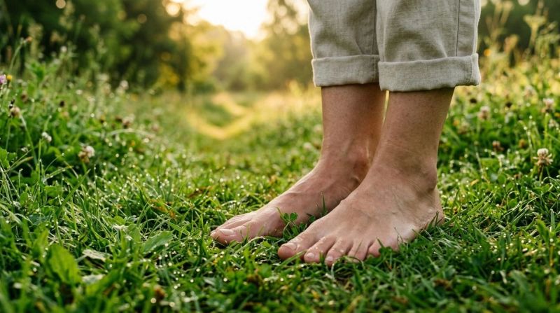 Bare feet on soft grass, symbolising grounding and body-based trauma healing