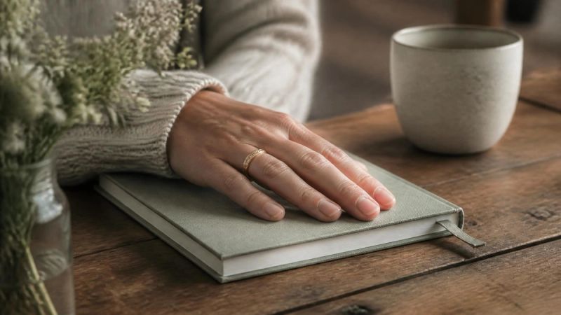 A close-up of a worried hand resting on a notebook, representing internal struggle