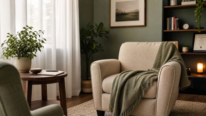 A therapy room with a comfortable chair and soft light, representing combined treatment for ADHD beyond medication.