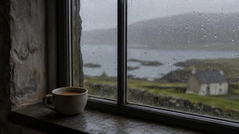 A rainy window with a single cup of tea, suggesting low mood