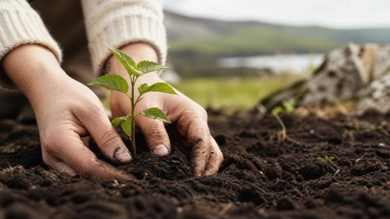 Hands planting a small seedling in Irish soil, symbolising the slow rebuilding of self-esteem after loss