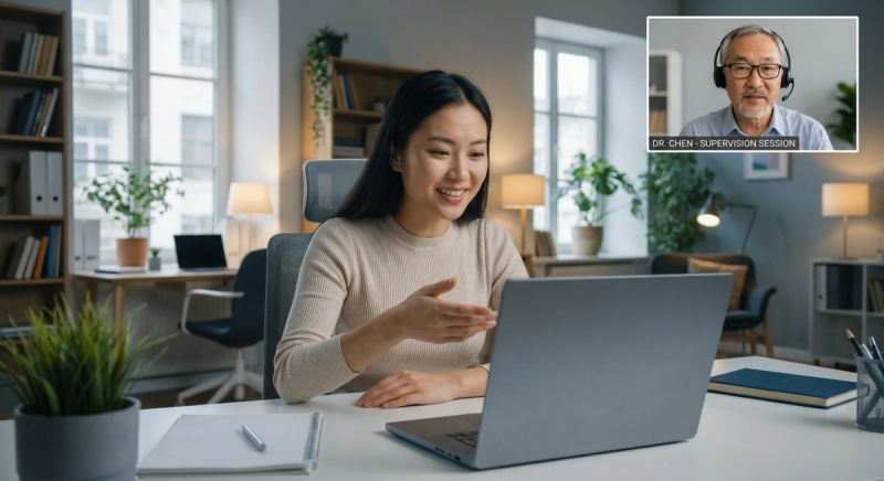 Trainee therapist with supervisor on video call