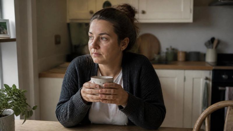 A person sitting at a kitchen table with a cup of tea, looking worried, representing life stressors