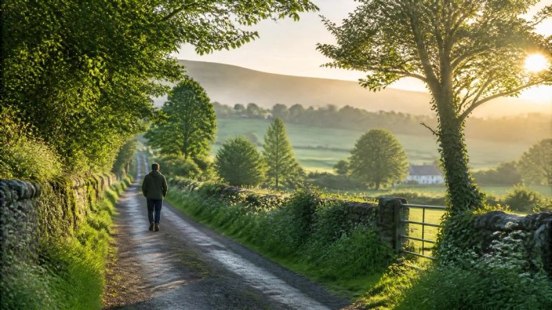A person walking a green Irish lane in morning light, symbolising gentle daily movement.