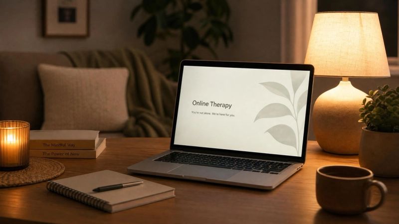 A laptop on a cosy table with a warm lamp, representing online therapy for loneliness in Ireland