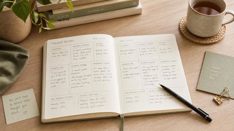 Notebook with thought records and handwritten notes, representing CBT techniques for low self-esteem
