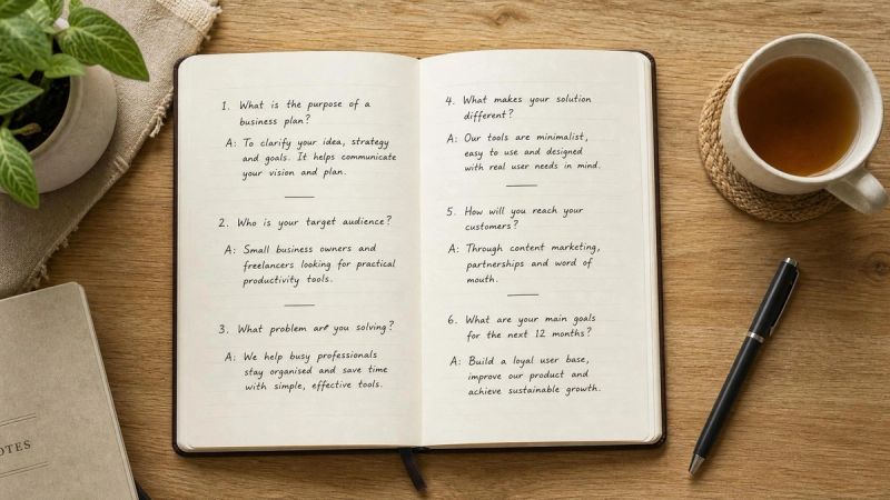 An open notebook with handwritten questions and answers, representing frequently asked questions about adult ADHD symptoms.