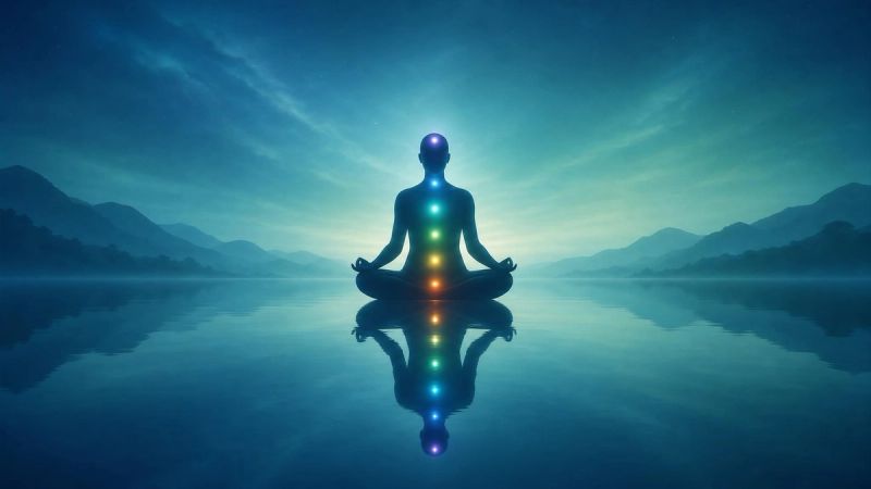 Abstract silhouette with glowing points of light along the body reflected in calm water