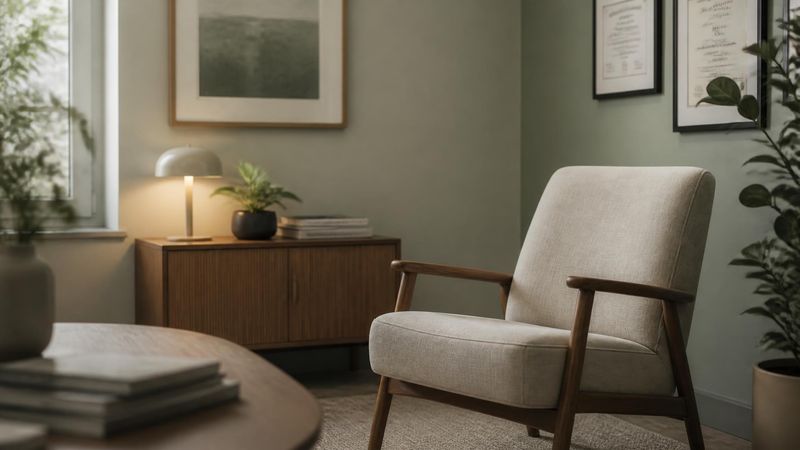 A thoughtful pause represented by an empty chair in a quiet consultation room