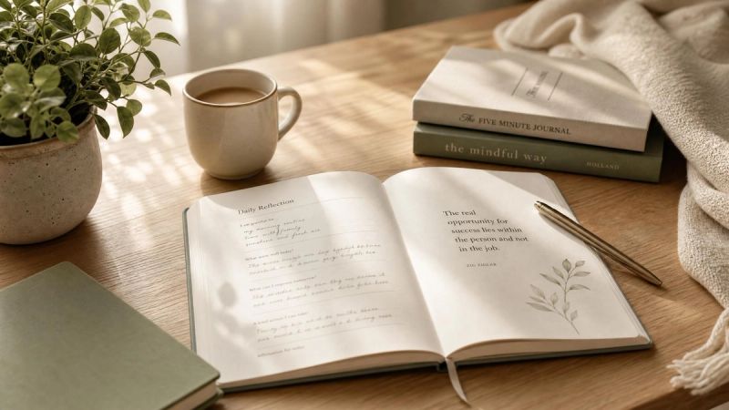Journal and pen on a wooden table with morning light, representing daily self-esteem building practices