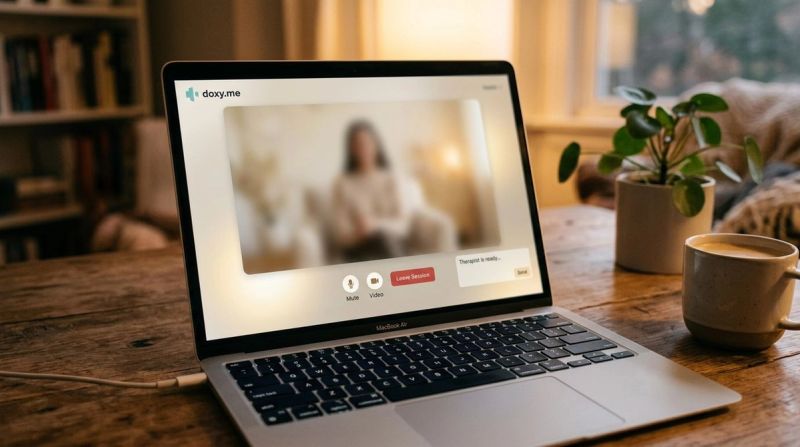 Laptop screen showing a video call, symbolising online therapy