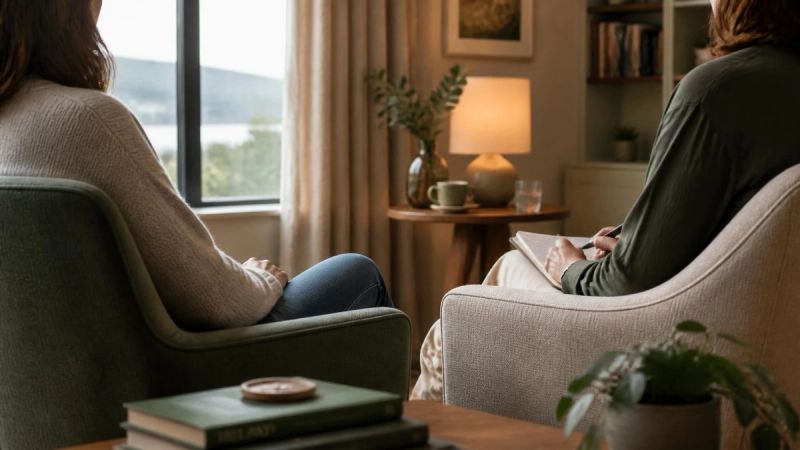 A therapist and client sitting in a calm therapy room, talking about how thoughts, feelings and behaviours connect