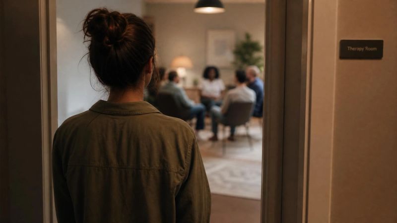 A person standing alone at the edge of a doorway at a social gathering, representing the fear of social anxiety