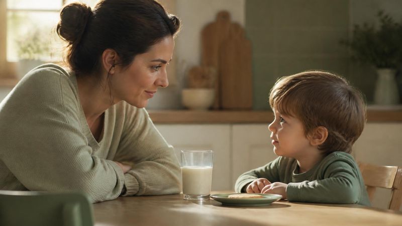 A parent and child sitting at a kitchen table talking, both seen from the side