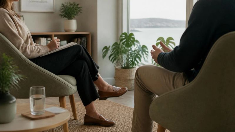 A therapist and client talking in a bright, supportive therapy room