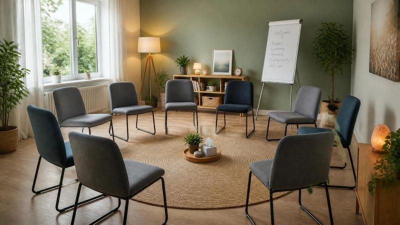 A small group of chairs arranged in a circle in a calm room, representing an anger management group course