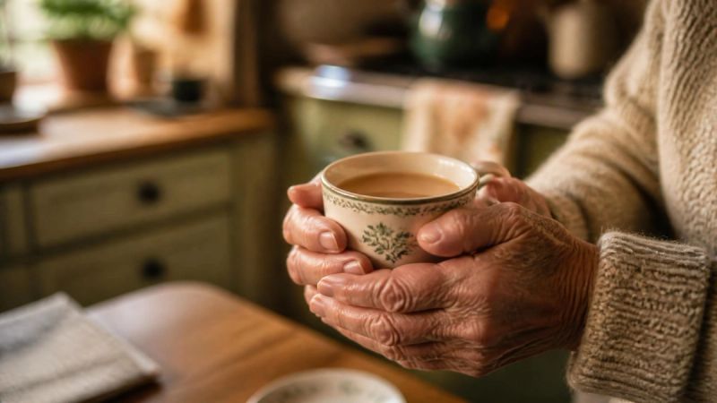 Close-up of hands holding a cup of tea, slightly trembling, representing physical symptoms of social anxiety