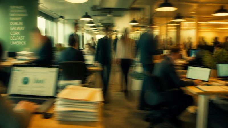 A blurred, busy Irish office environment suggesting work pressure and deadlines