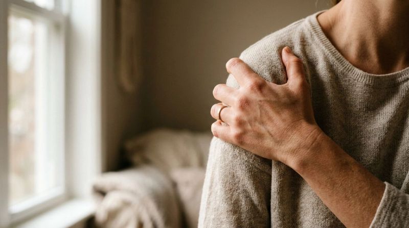 Person gently holding their shoulder, symbolising chronic tension from trauma