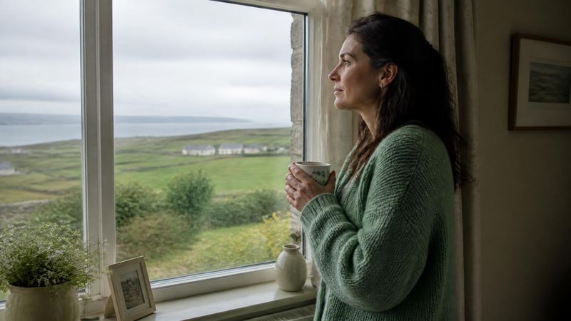 A person standing at a window, looking out thoughtfully