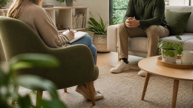 A therapist and client in a calm therapy session