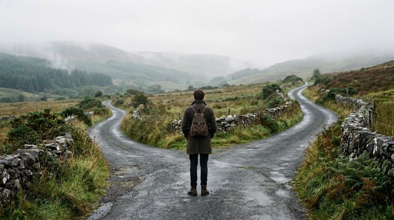 Two paths on an Irish country road, metaphor for trauma's direction