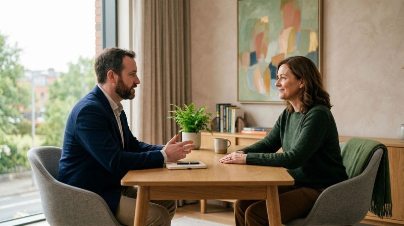 Two people having calm professional conversation in modern Irish office