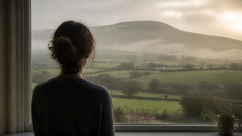 A woman looking out at a misty Irish landscape, representing reflection during menopause