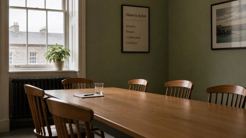 A traditional Irish meeting room with empty chairs around a table, symbolising the cultural pressures of the Irish workplace