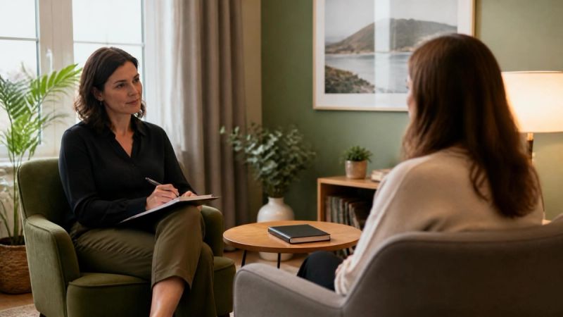 A therapist and client sitting across from each other in a comfortable therapy room, warm natural light, notebooks on a table