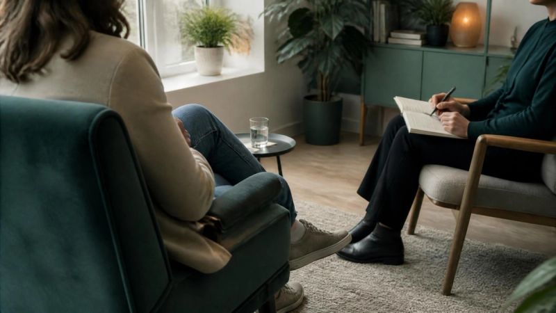 A therapist and client sitting across from each other in a bright, calm therapy room