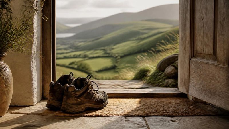 A pair of walking shoes by a door with a green landscape visible outside