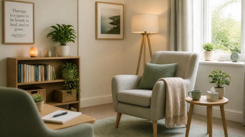 A calm, welcoming therapy room representing CBT and CBT-I support in Ireland.
