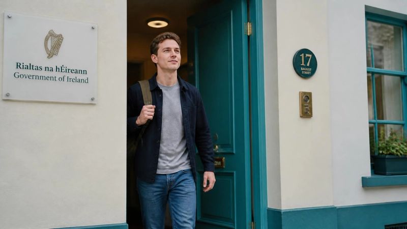 A person stepping out of a doorway into soft daylight, looking ahead