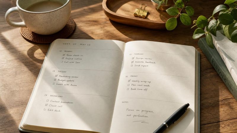 A simple planner and pen on a wooden desk, representing practical ADHD time management strategies at work