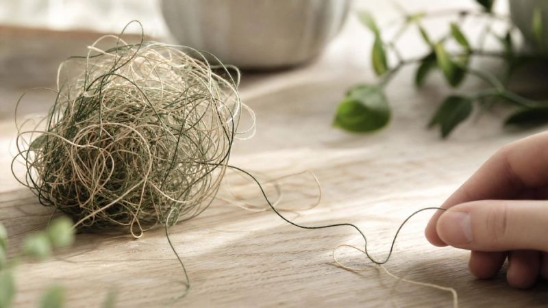 A tangled ball of soft thread slowly being untangled on a wooden table, representing misunderstood thoughts