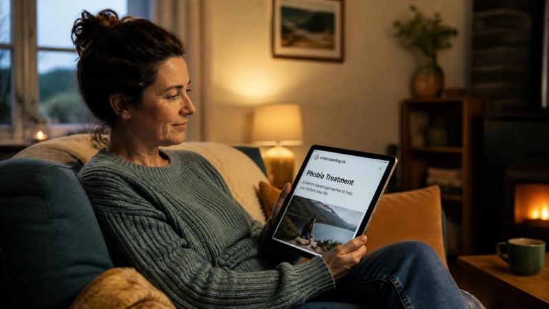A person reading a mental health guide on a tablet, with a relaxed expression