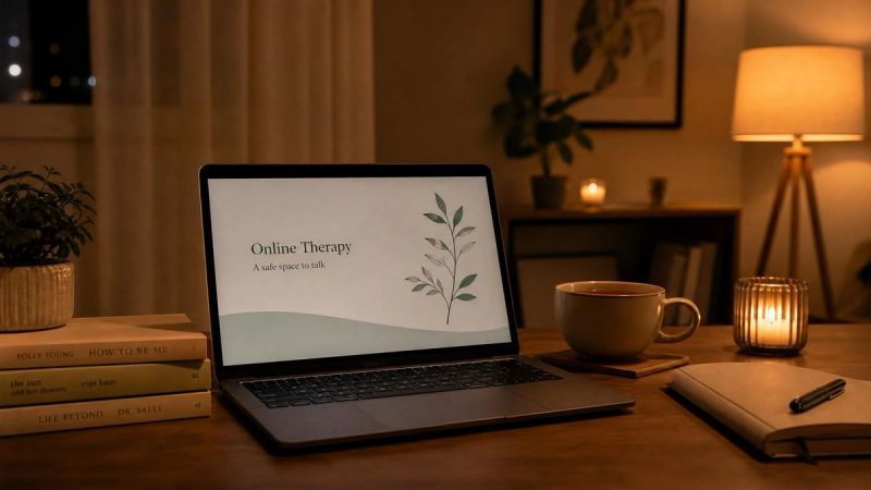 A laptop screen with a warm glow in a dimly lit room, representing what online therapy sessions look like