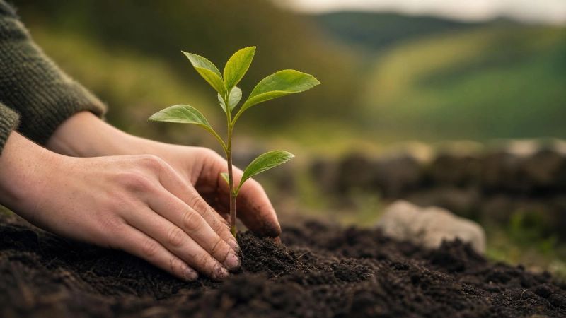 A gentle hand planting a small seedling in rich Irish soil, symbolising treatment and new growth after complex trauma