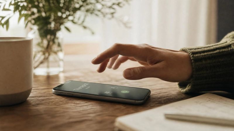 Hand hovering over a phone, representing hesitation before reaching out for therapy