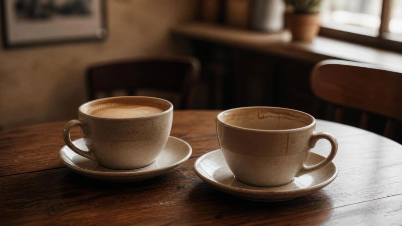 Two coffee cups on a cafe table, representing the tension between genuine kindness and people-pleasing