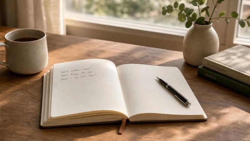 Open notebook and pen on a wooden table in soft natural light