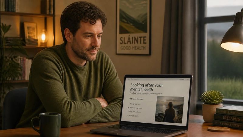 A man reading mental health information on a laptop at home